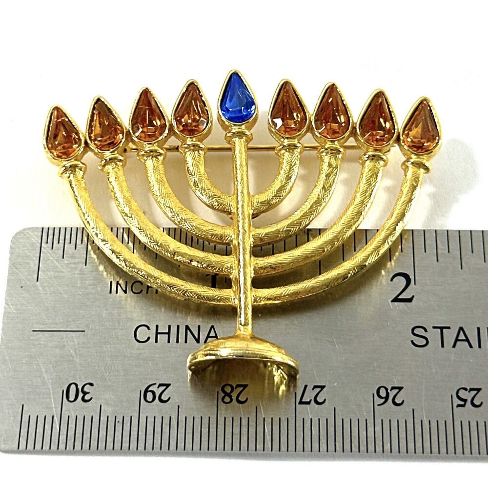 Vintage Gold Tone Menorah Hanukkah Brooch Amber Blue Rhinestone Judaica Pin - Picture 2 of 5